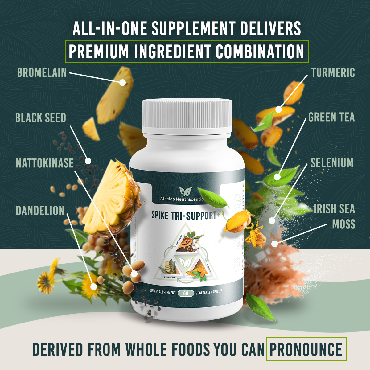 Spike Tri-Support+ - With Nattokinase, Bromelain, Turmeric, Black Seed Extract, Green Tea Extract, Irish Sea Moss Powder